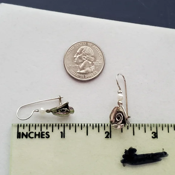 PZ ISRAEL Sterling Rose Earrings with White Cultured Pearl 1.25”L - Picture 13 of 15